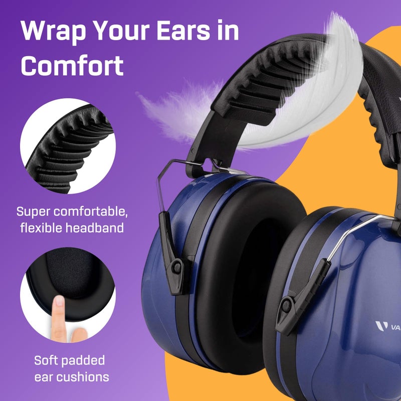Vanderfields Premium Hearing Protection Ear Muffs - Broad Spectrum Sound Reduction 36.1dB at 2K Hz Noise Cancelling - Headset Safety Noise Cancellation - Headphones Adults & Teens - Marine Blue, 2 PK - Image 4